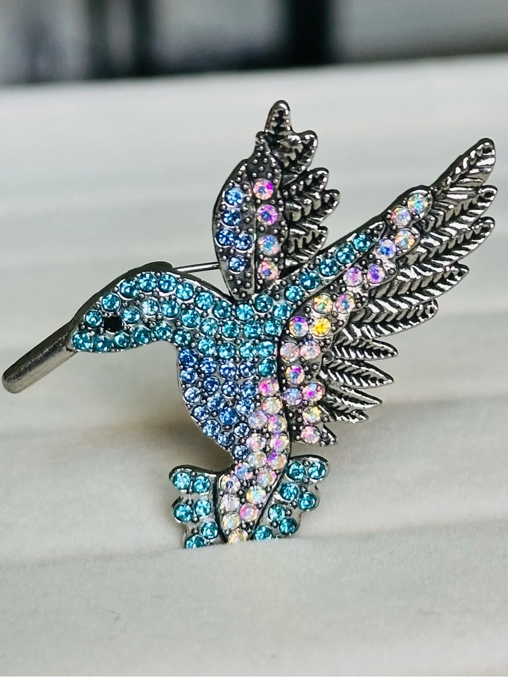 New! Blue Crystal Hummingbird Bird Pin Brooch